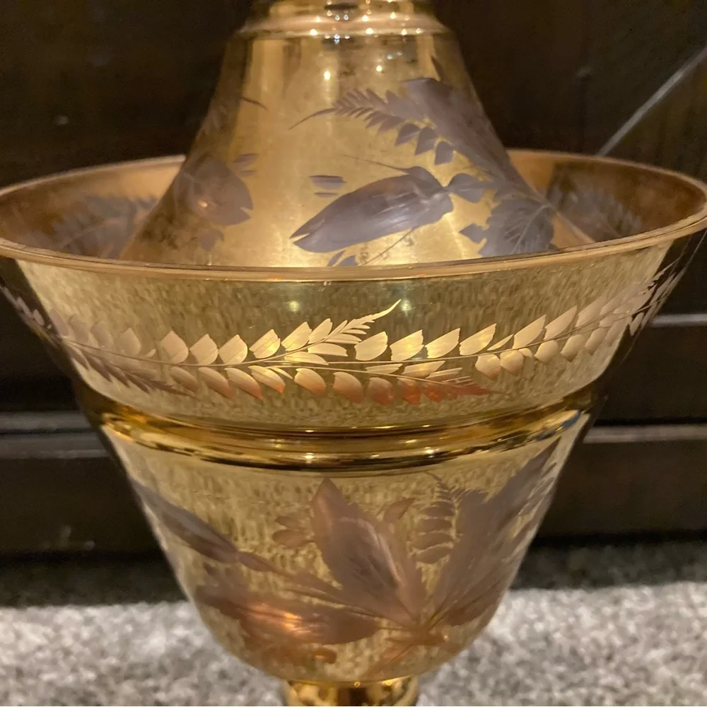 Antique BOHEMIAN CZECH Gilt Etched Crystal Candy Dish w/Lid